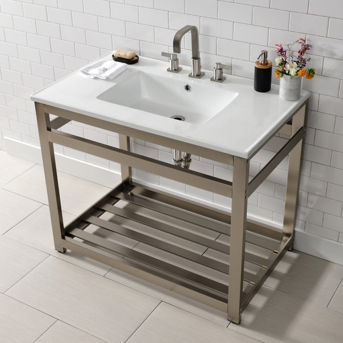 Kingston Brass VWP3722W8A8 Quadras 37" Ceramic Console Sink with Steel Base and Shelf (8-Inch, 3-Hole), White/Brushed Nickel