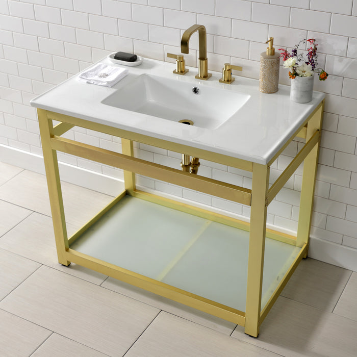 Fauceture VWP3722W8B7 Quadras 37-Inch Ceramic Console Sink (8-Inch, 3-Hole), White/Brushed Brass