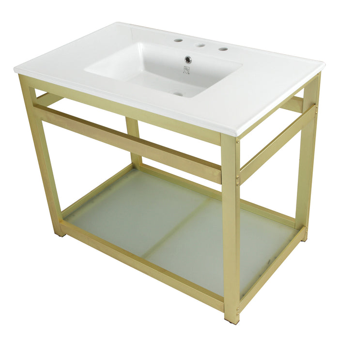 Fauceture VWP3722W8B7 Quadras 37-Inch Ceramic Console Sink (8-Inch, 3-Hole), White/Brushed Brass